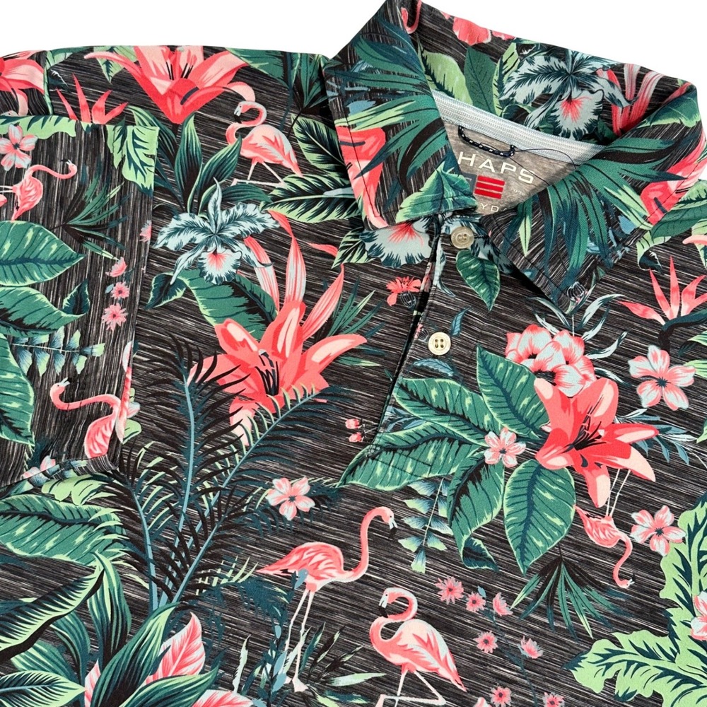 Chaps Everyday Performance Mens Medium Tropical Flamingo Floral Polo Shirt Green